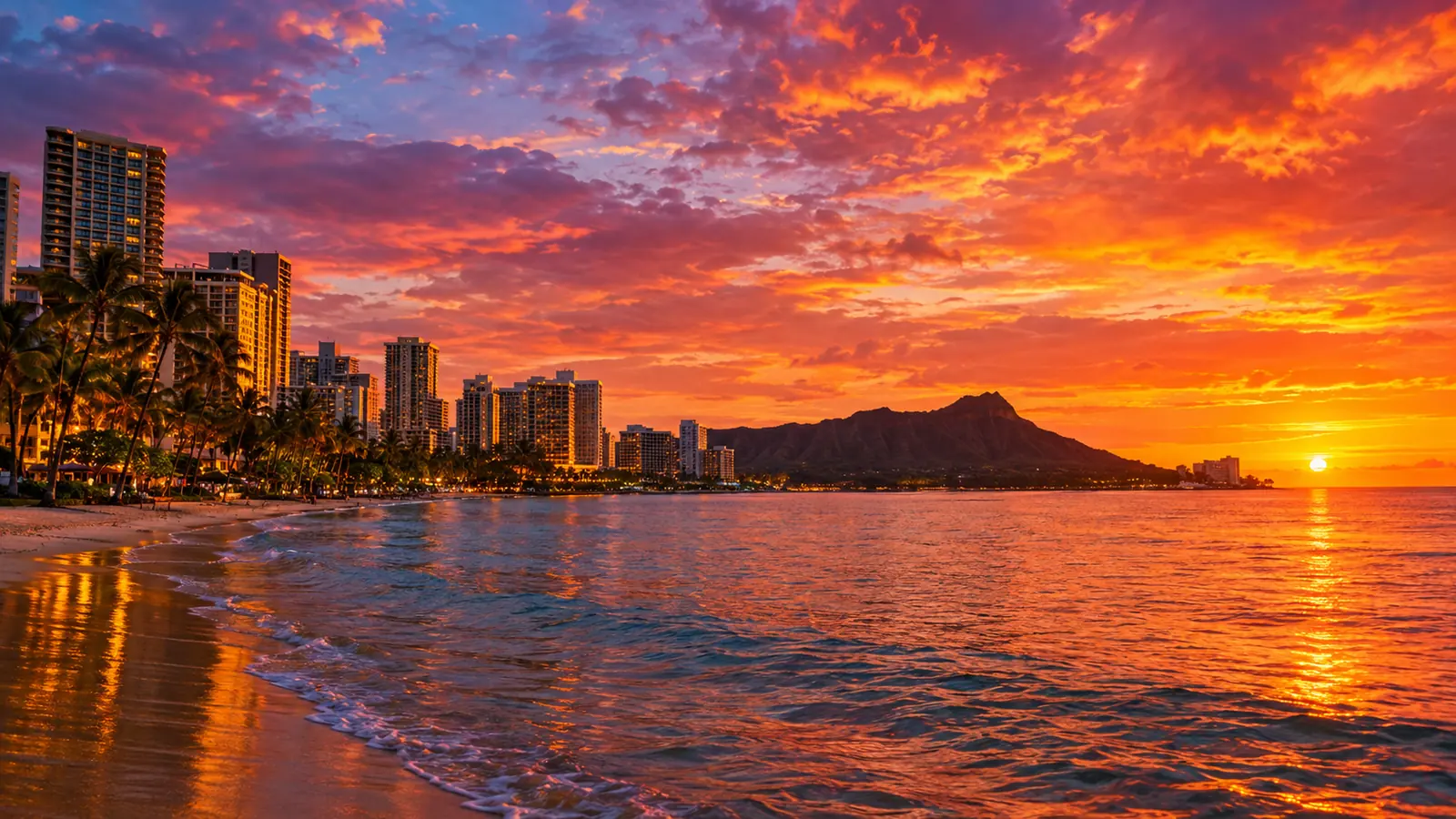 Waikiki Beach and Diamond Head under a fiery sunset sky