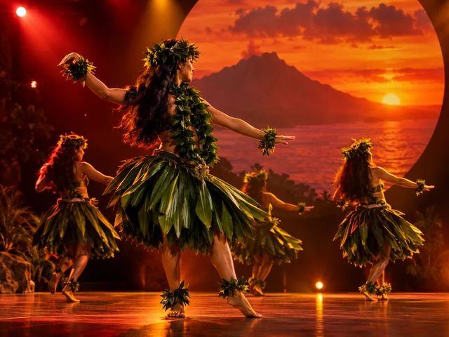 Hula dancers in ti-leaf skirts on a stage lit red and amber