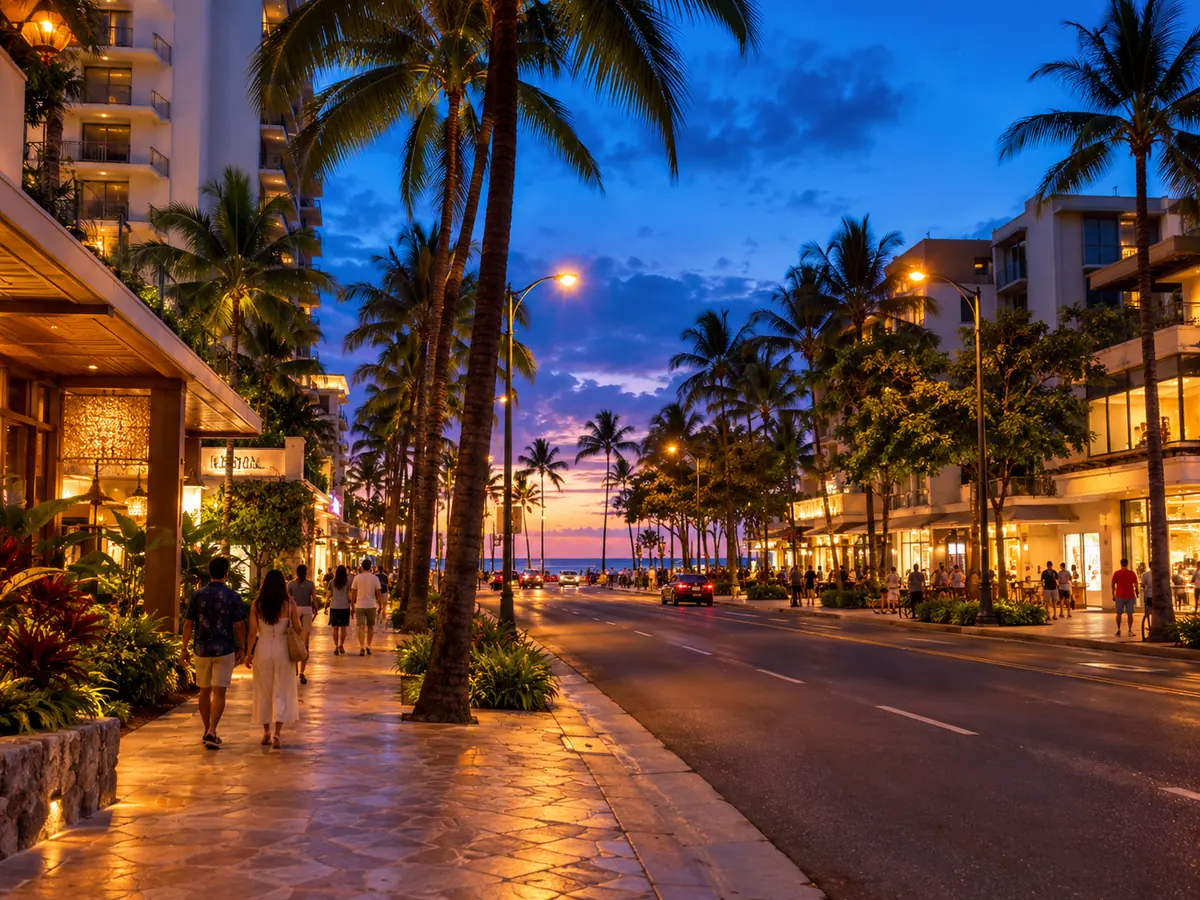 Kalakaua Avenue in Waikiki at dusk with palm trees and glowing hotel lobbies
