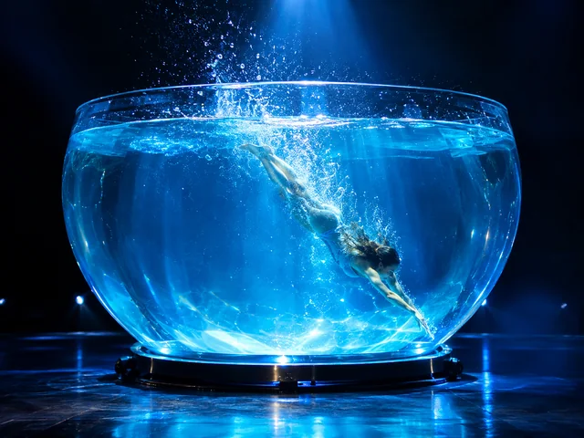 Performer diving inside a giant glass bowl of water under blue light