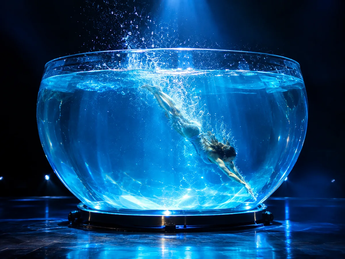 Performer diving inside a giant glass bowl of water under blue light