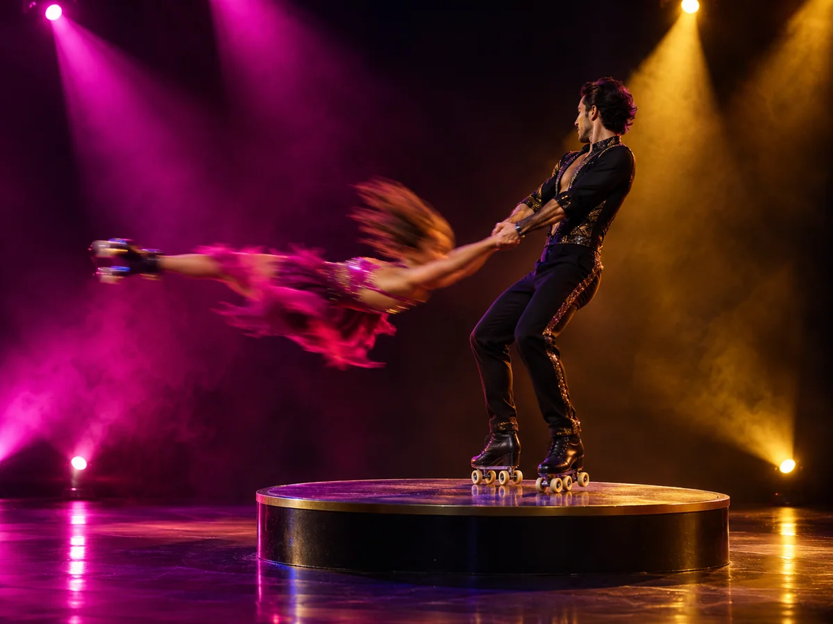 Two roller skaters spinning on a small round platform under magenta and gold light