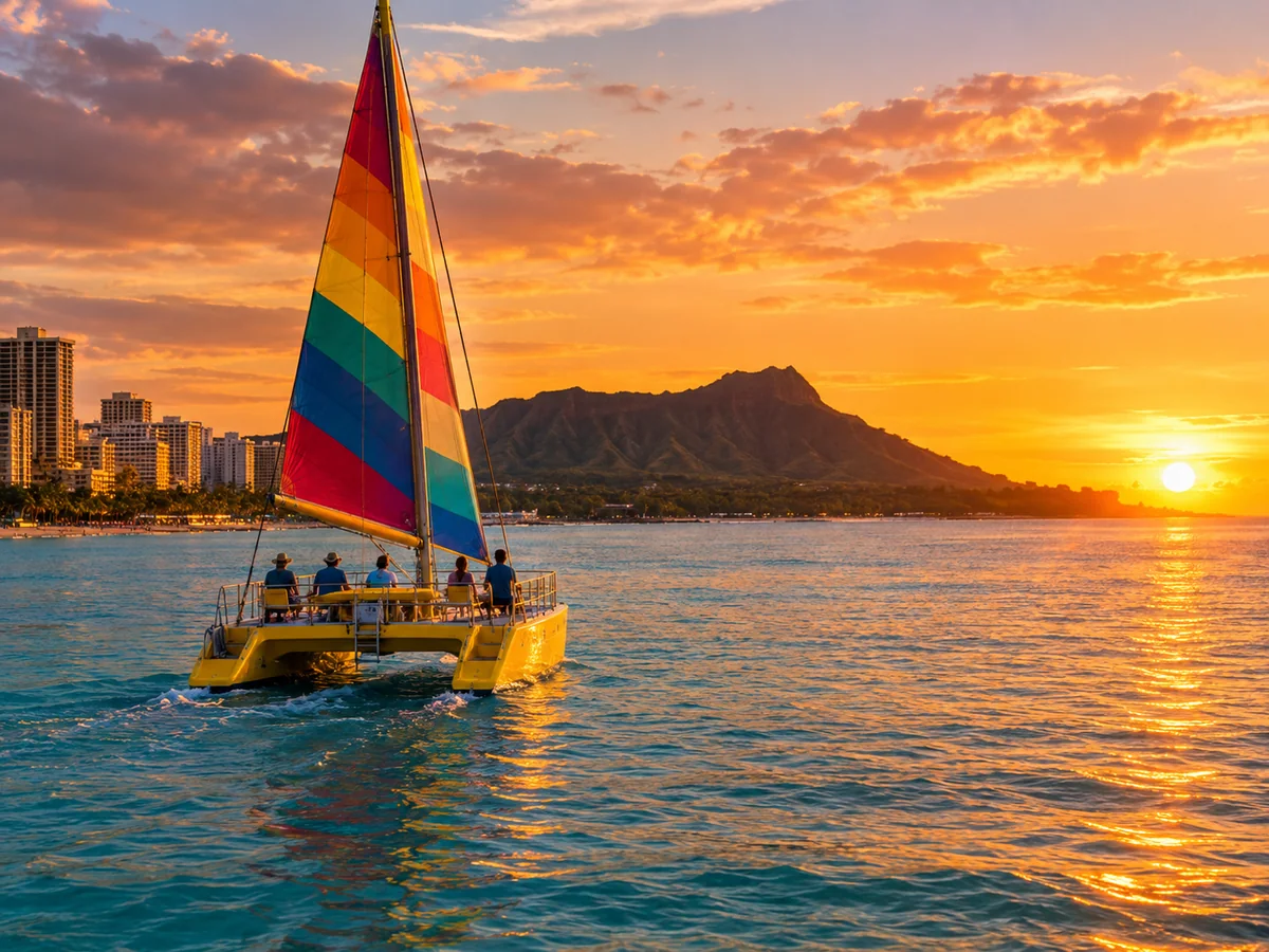 Yellow catamaran sailing off Waikiki Beach at sunset with Diamond Head behind